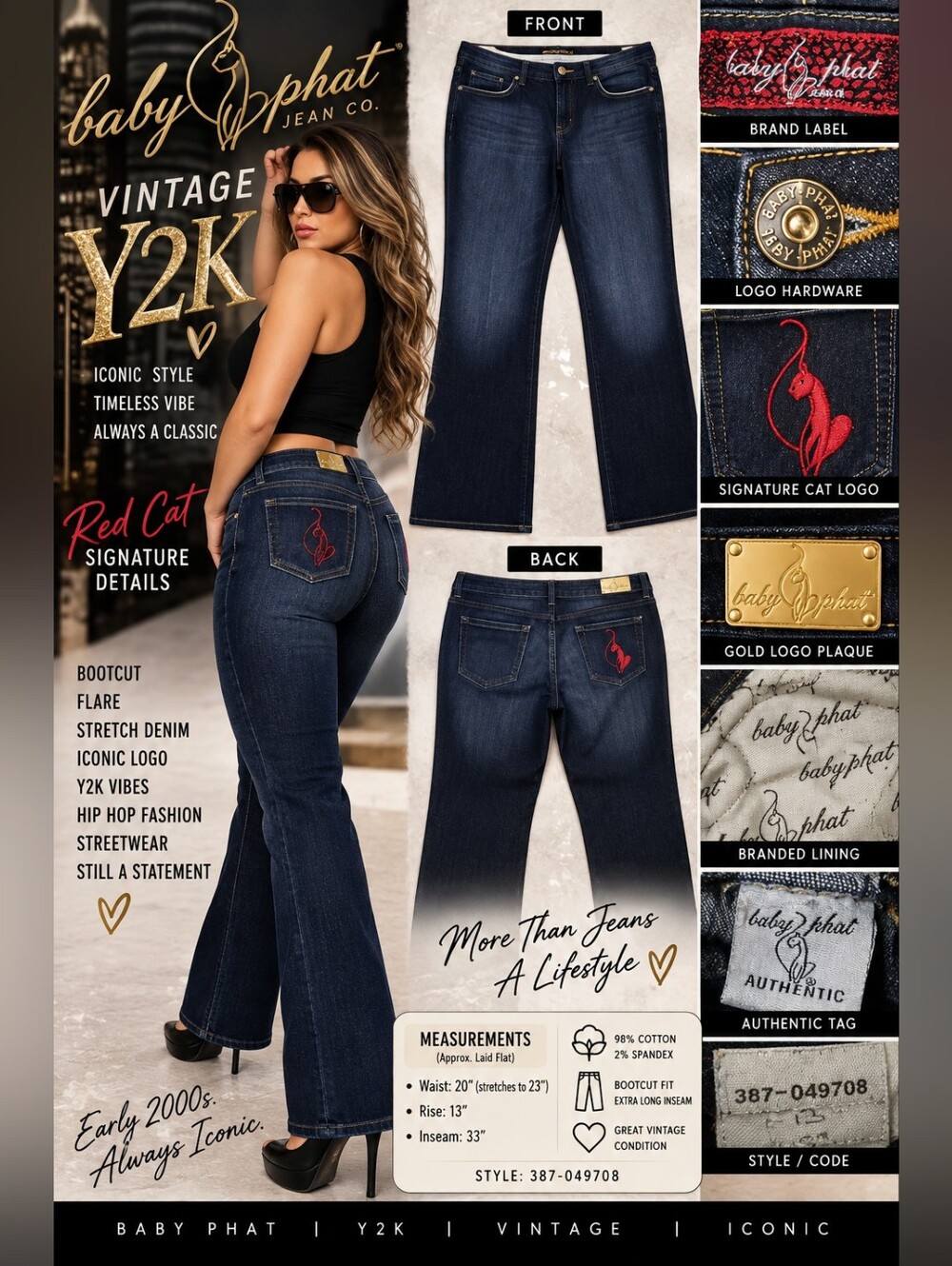 Vintage Y2K Baby Phat Dark Wash Bootcut Jeans Red Cat Logo Size 20